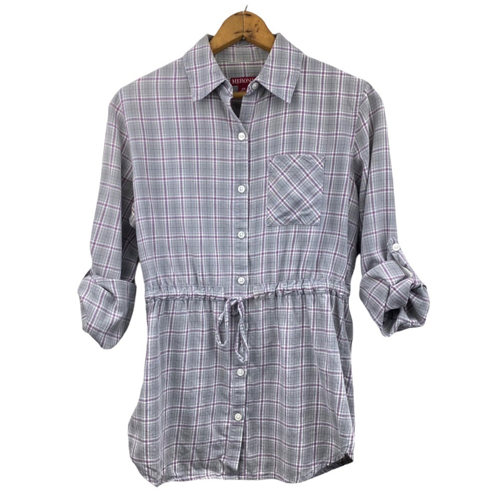 Merona Plaid Top Cinched Waist Button Down Tunic Top Checkered Blouse XS Fall